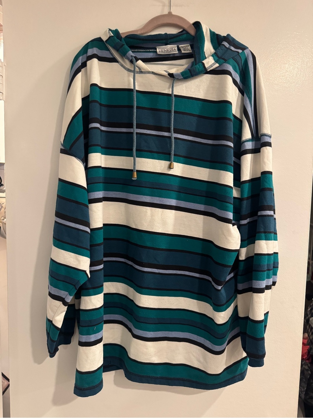 Venezia Striped Hooded Sweater Teal White Women’s 22/24 Plus Size Pullover